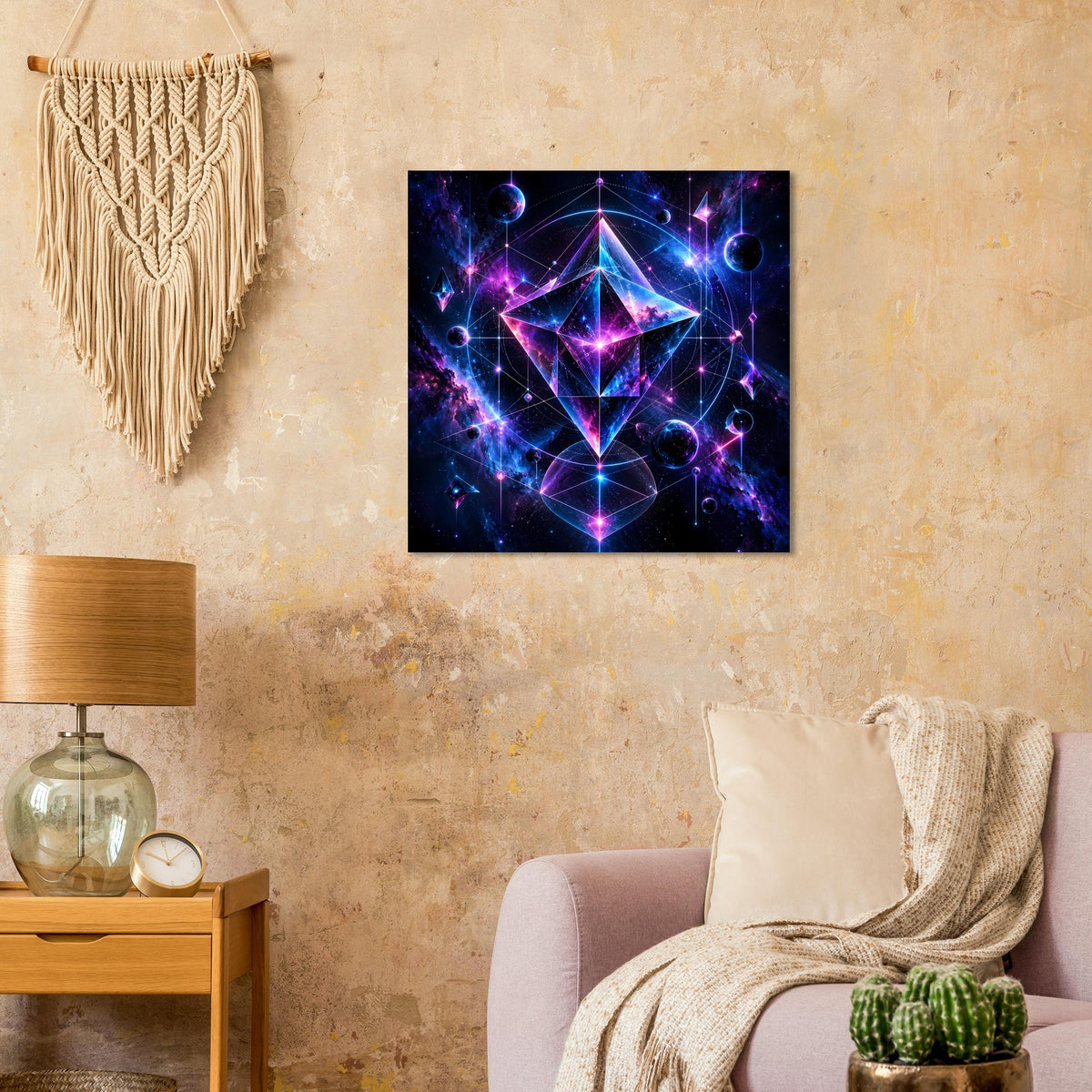 Quadratisches Wandposter mit abstraktem Dreiecks- und Sternmotiv, leuchtend in Blau und Lila