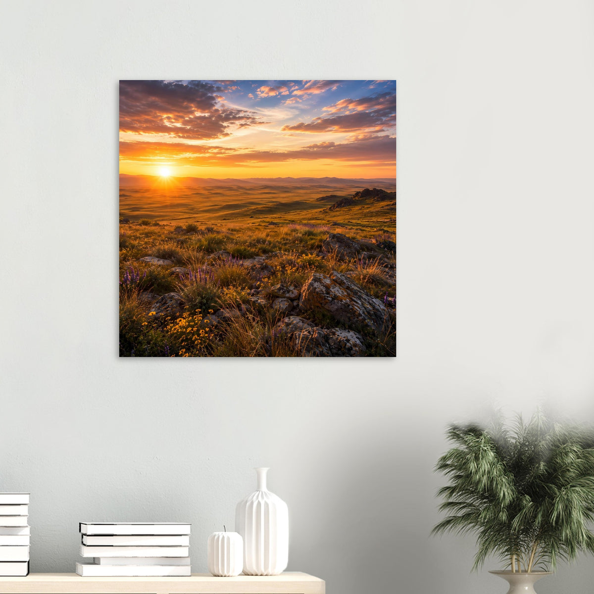 Quadratisches Naturposter mit goldenem Sonnenuntergang über Dünen und Felsen