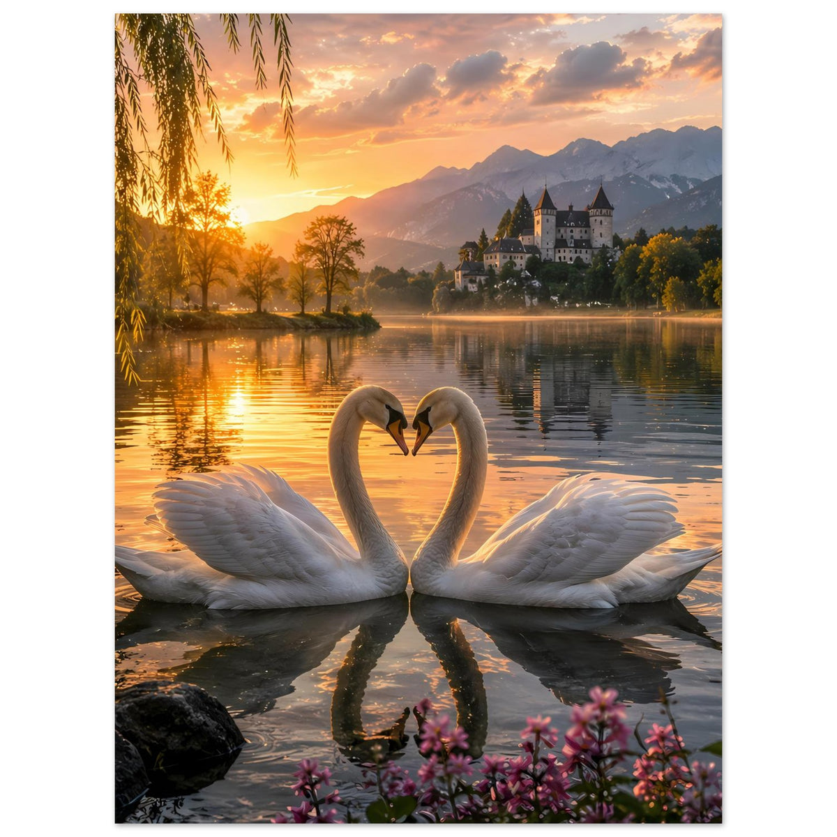Poster mit zwei ineinander verschlungenen Schwänen auf ruhigem See bei Sonnenuntergang