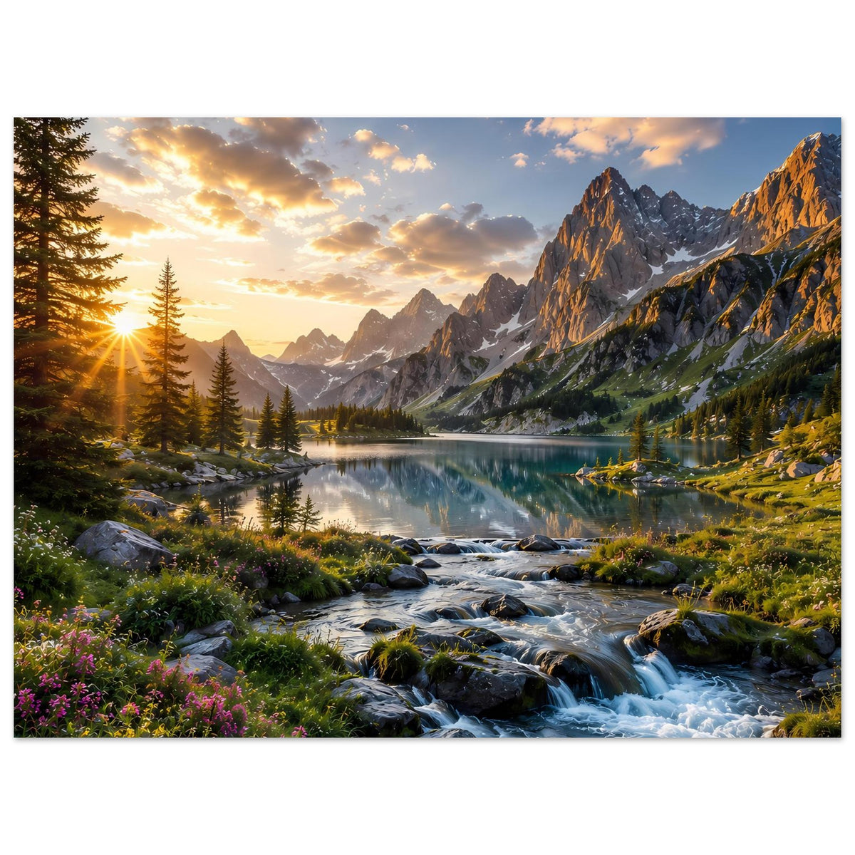 Poster: Sonnenaufgang über Alpenbergen, See mit Reflexion und Bachlauf mit Steinen