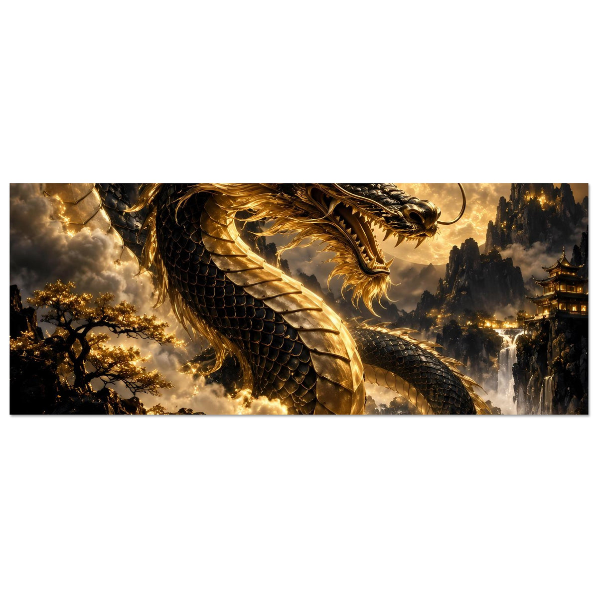 Horizontales Poster: goldener Drache über Wolkenlandschaft, Vollmond im Hintergrund
