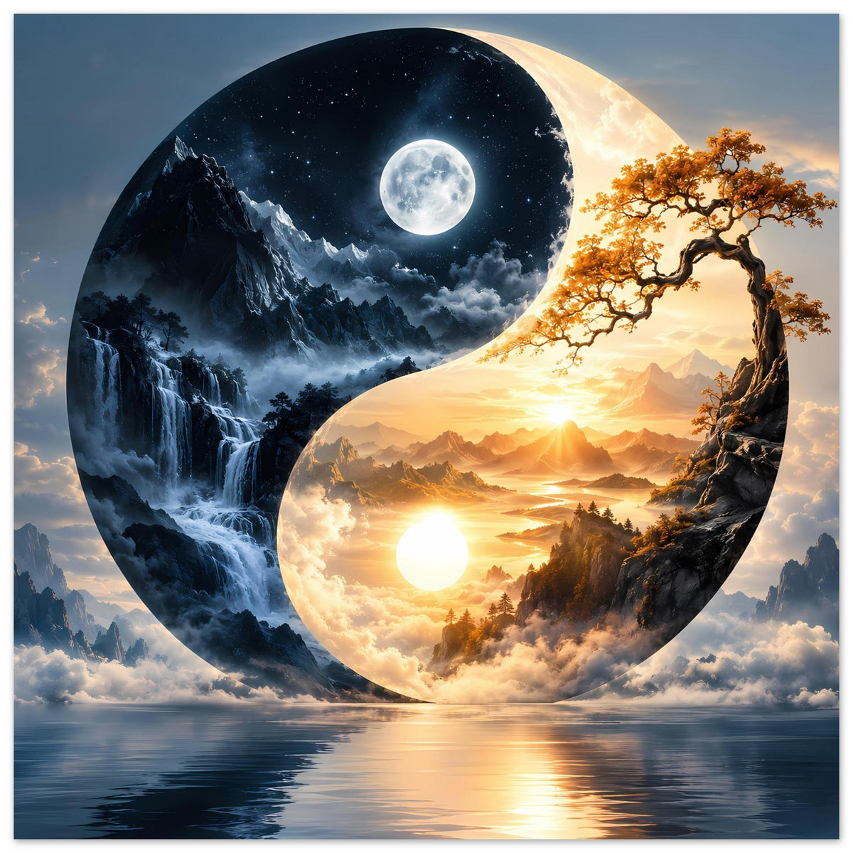 Poster mit Yin-Yang Motiv: Mond und Sonne gegenüber, Berge und See unter warmem Licht
