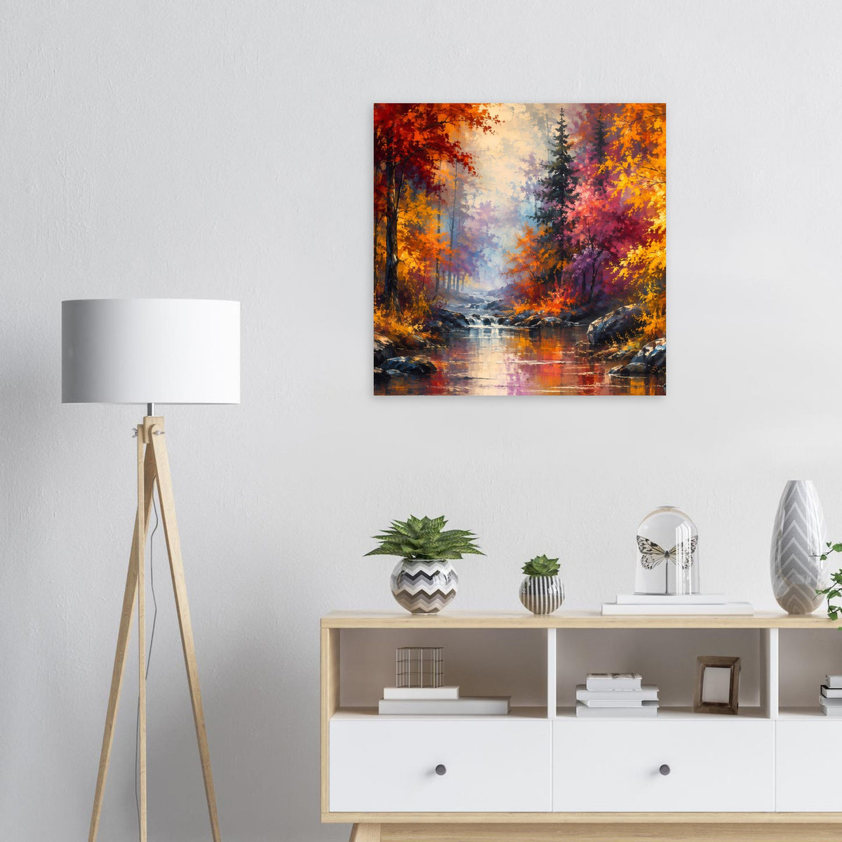 Quadratisches Poster mit Herbstwald-Flussmotiv und leuchtenden Orangetönen