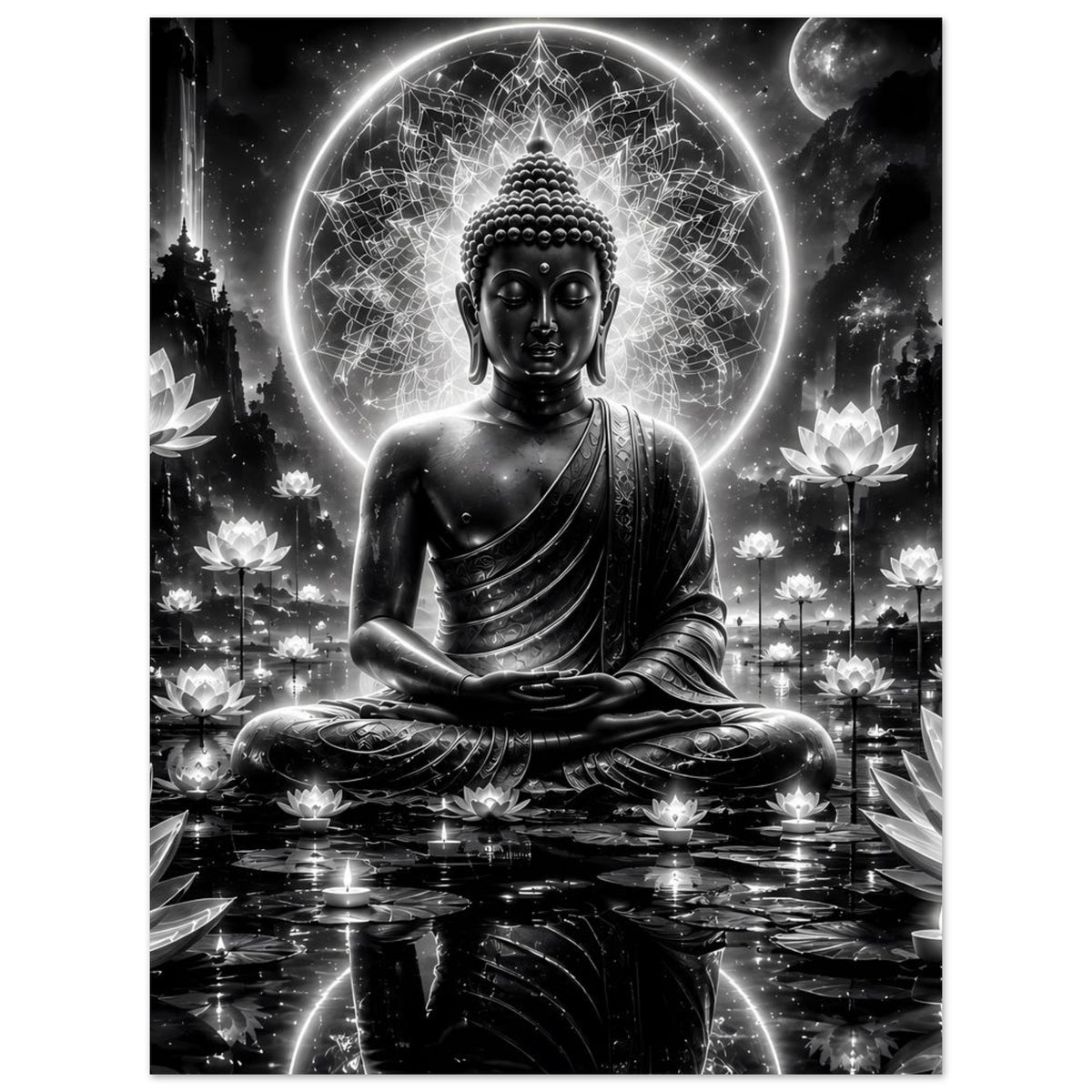 Poster mit sitzendem Buddha, leuchtender Kreis-Hintergrund-Mandala und Lotusblüten, schwarz