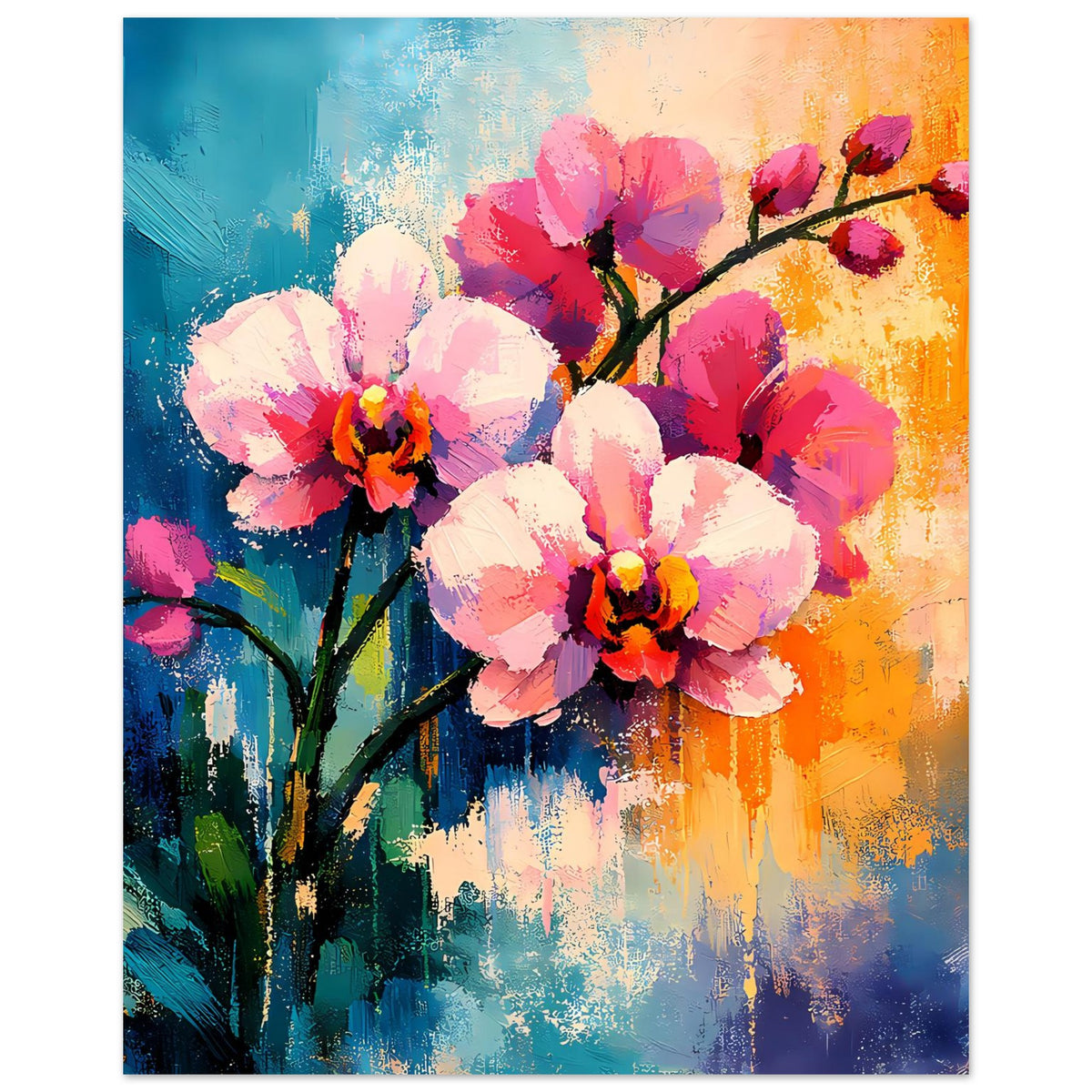 Blumenposter mit rosafarbenen Blüten, dunklen Stielen und abstraktem Farbauftrag