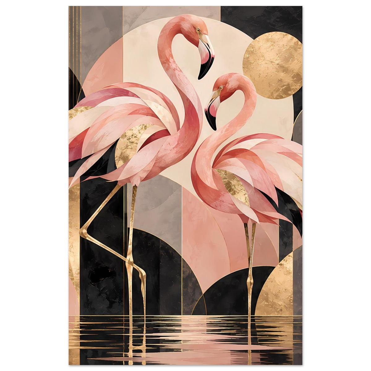 Zwei rosa Flamingos vor geometrischem Hintergrund mit Goldakzenten in Schwarz und Creme – Posteransicht 2