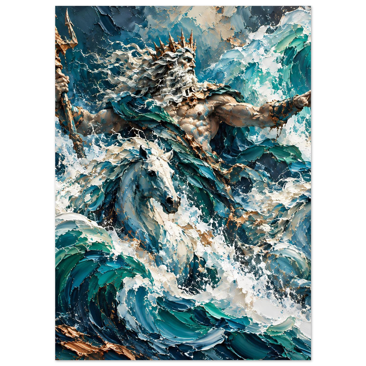 Vertikales Poster: Neptun in dramatischem Wasser, türkis/weiß gesprenkelte Wellenfläche