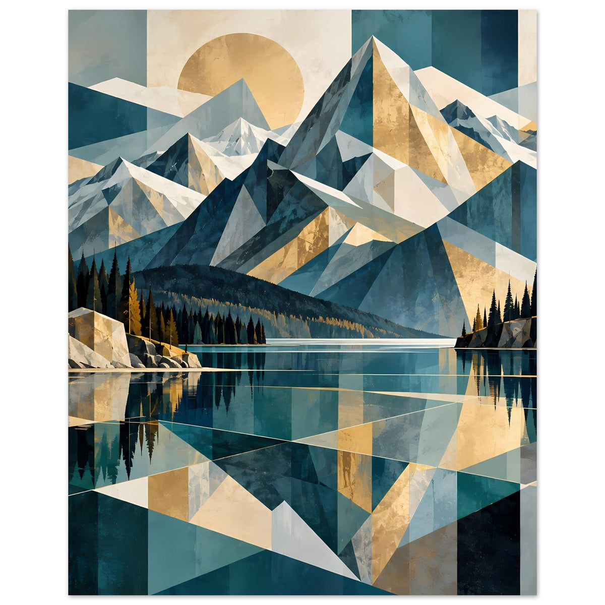 Kunstposter mit geometrischer Berglandschaft, Tannenwald, spiegelndem See und Sonnenkreis