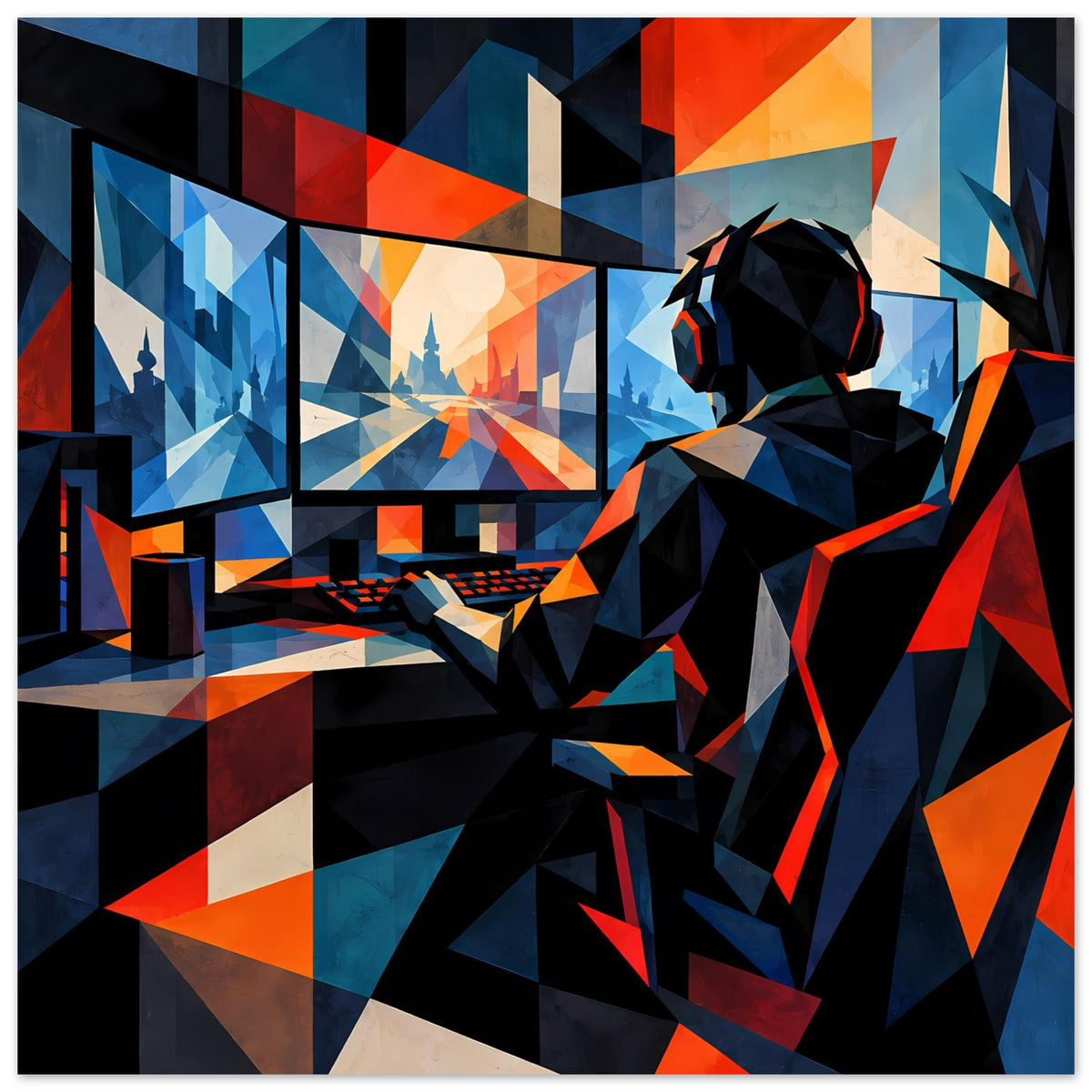 Gaming-Poster im Querformat: Figur mit Headset bedient Konsole, geometrisches Blau/Orange