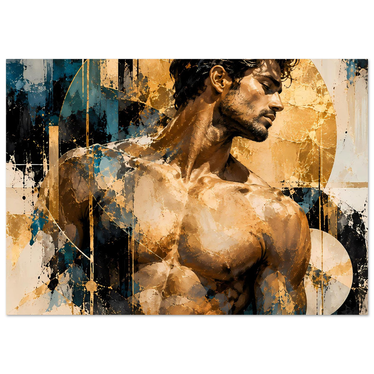 Kunstposter mit Aktmotiv eines Mannes im Profil, goldene und blaue Spritzoptik, querformat