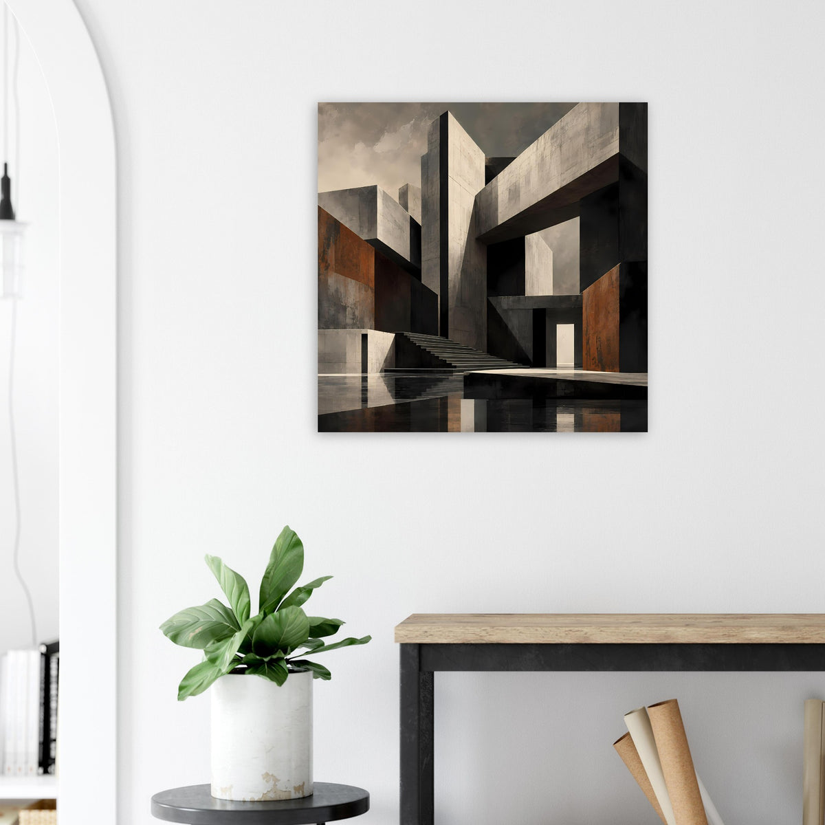 Architekturposter mit geometrischem, dunklem Motiv aus Schwarz, Grau und Beige