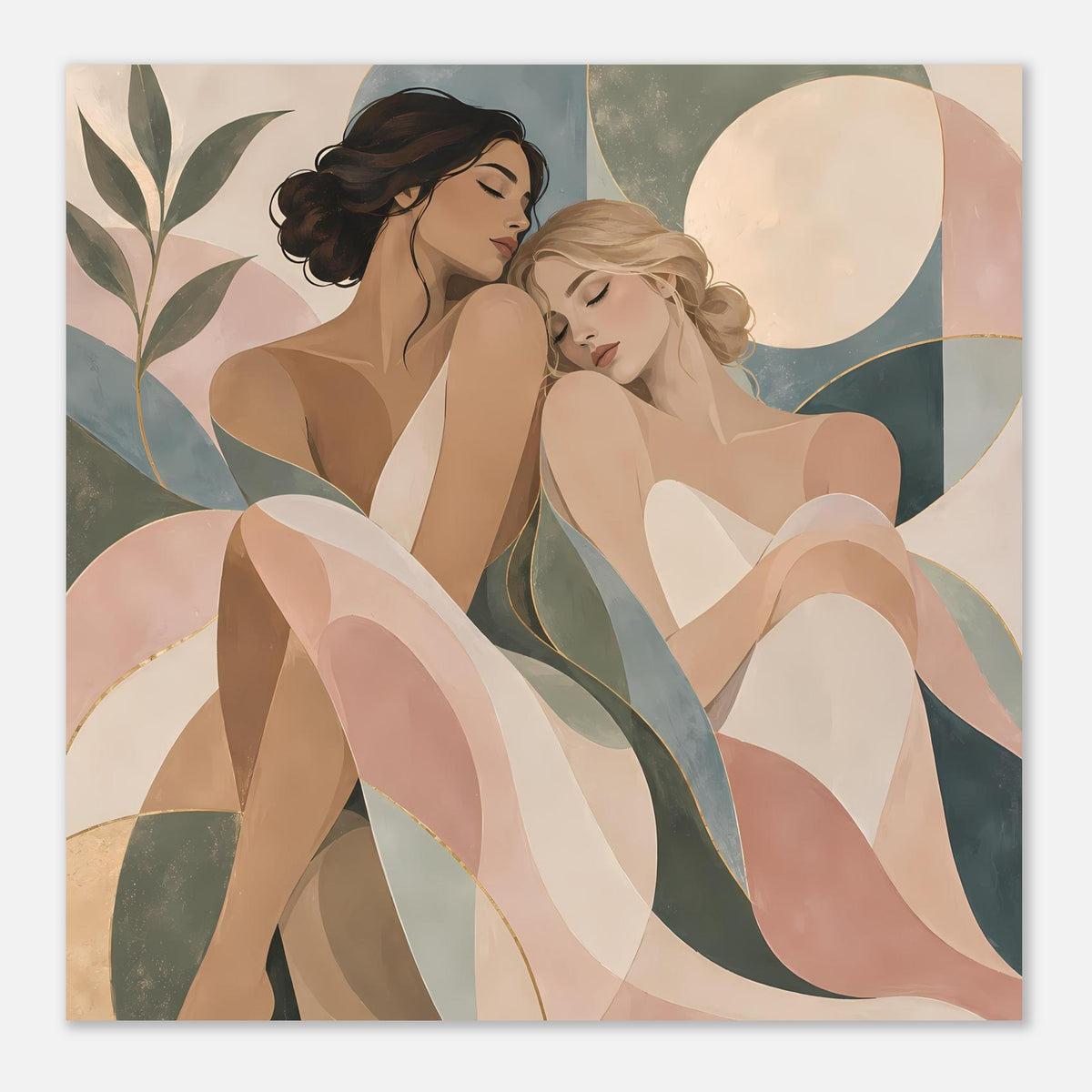 Poster mit zwei Frauen in Pastellfarben, Details von Haaren, Drapierungen und geschwungenen Formen