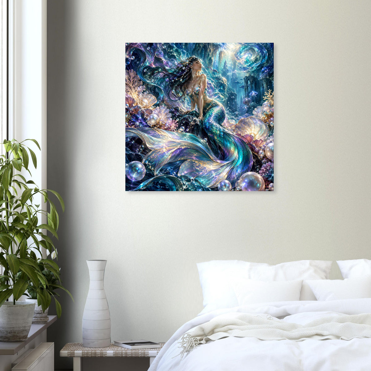 Quadratisches Meerjungfrau-Fantasy-Poster: leuchtende Wellen, Perlen und Korallen im Blau