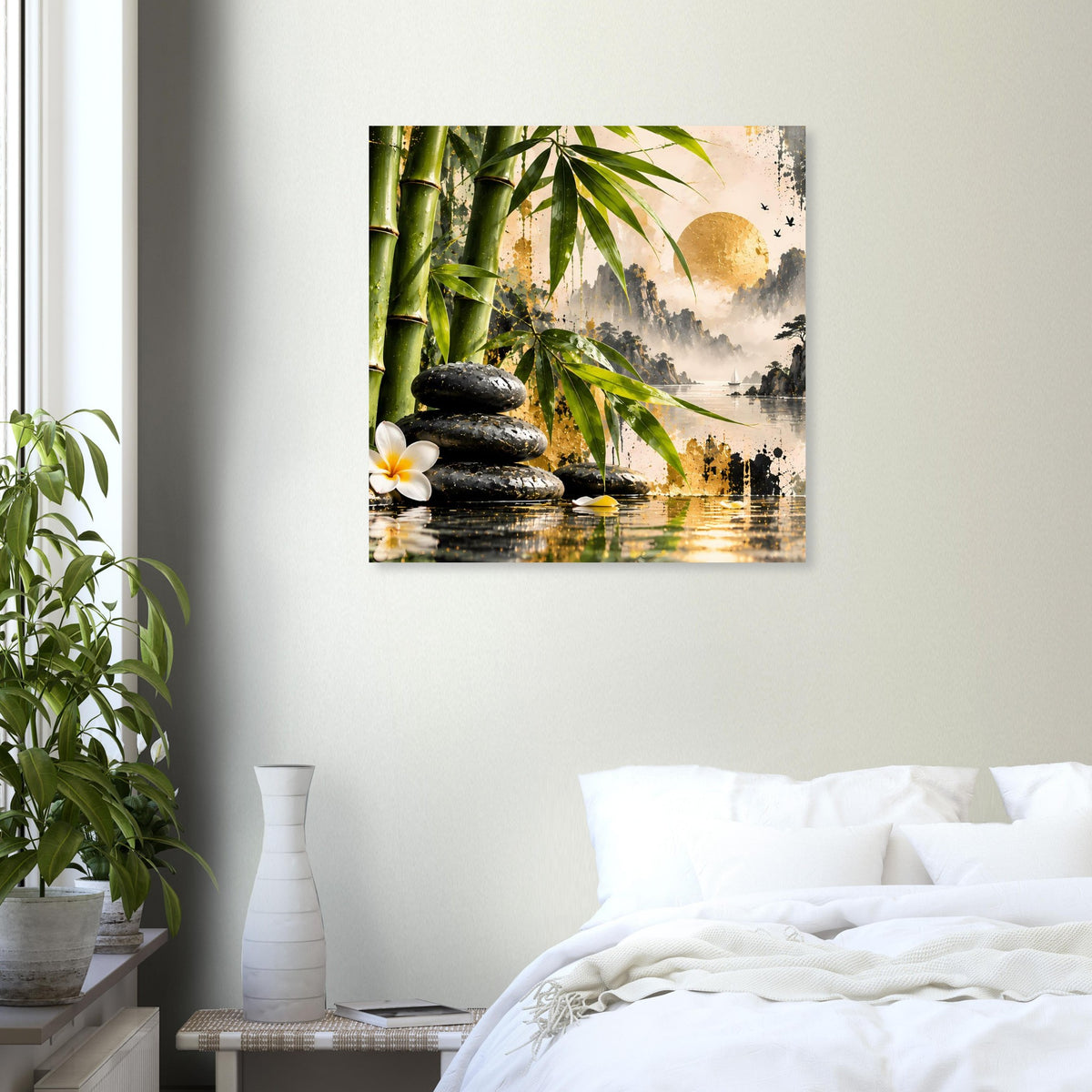 Zen-Bambus-Poster mit Sonnenkreis, Flusslandschaft, Bambus und weißen Blüten