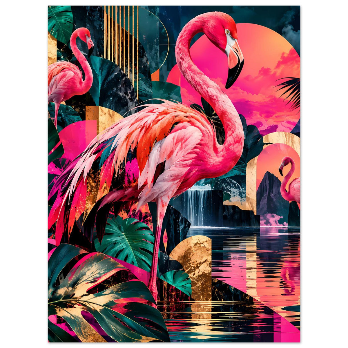 Poster mit pinkem Flamingo im Vordergrund, türkisgrünen Blättern und bunten Reflexionen