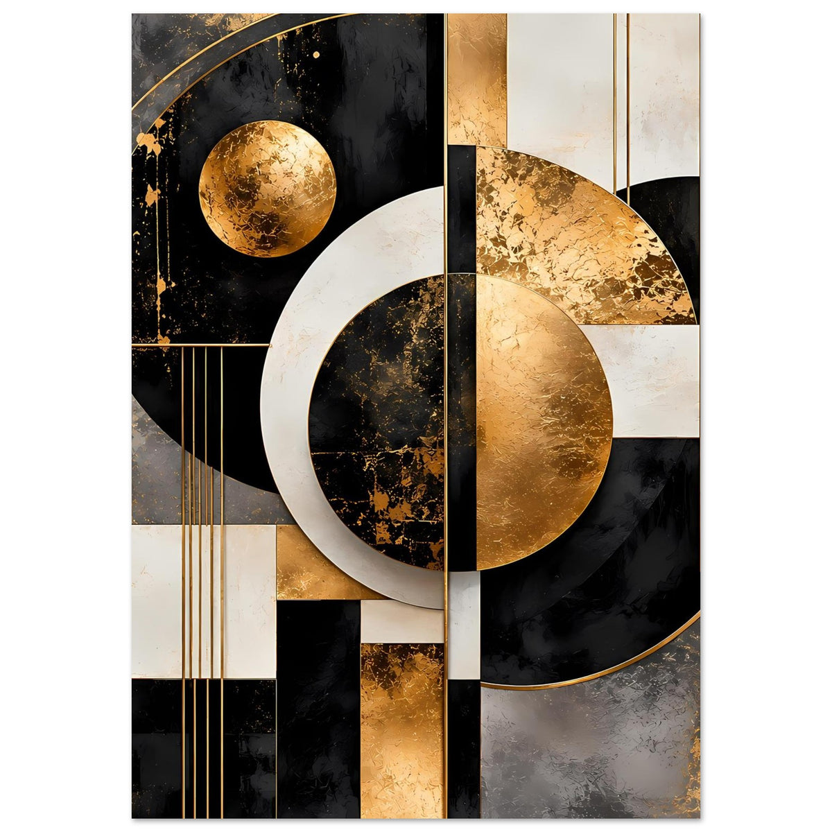 Poster mit goldener Kreisfläche, schwarzer Segmentierung und cremefarbenen Linien