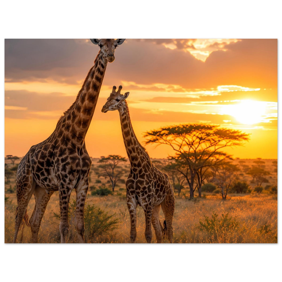 Poster mit zwei Giraffen und Abendhimmel, warmes Licht über der Landschaft
