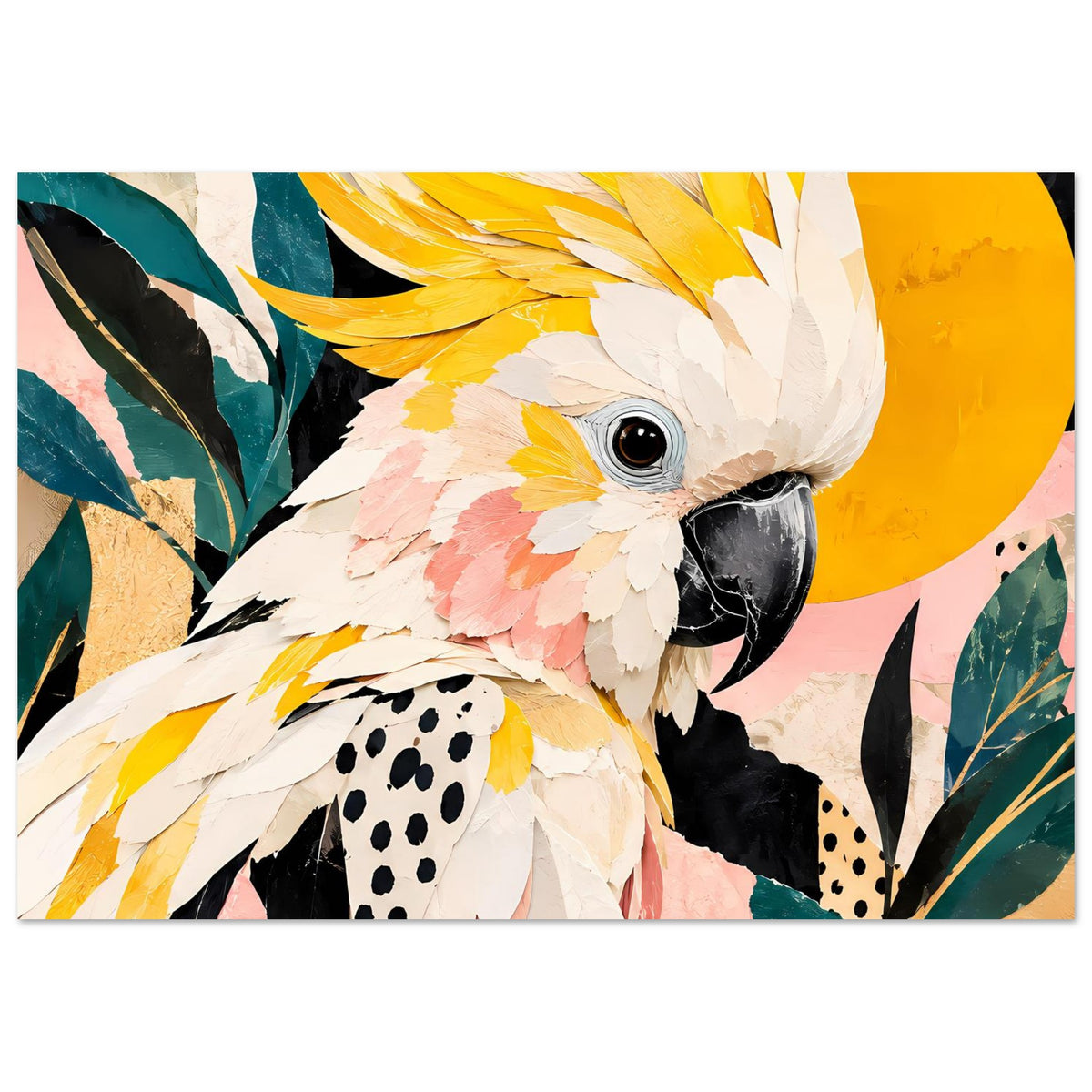 Vogelkunst-Poster: Kakadu im Detail, gelbe Halbkreisform hinter dem Kopf und bunte Blätter