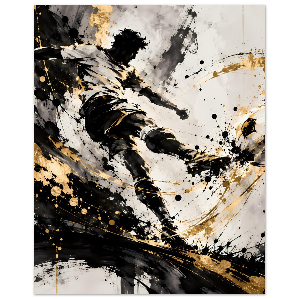 Poster: Fußballspieler beim Schuss, Schwarz-Gold mit Spritzern, Pinselspuren und Energieeffekt