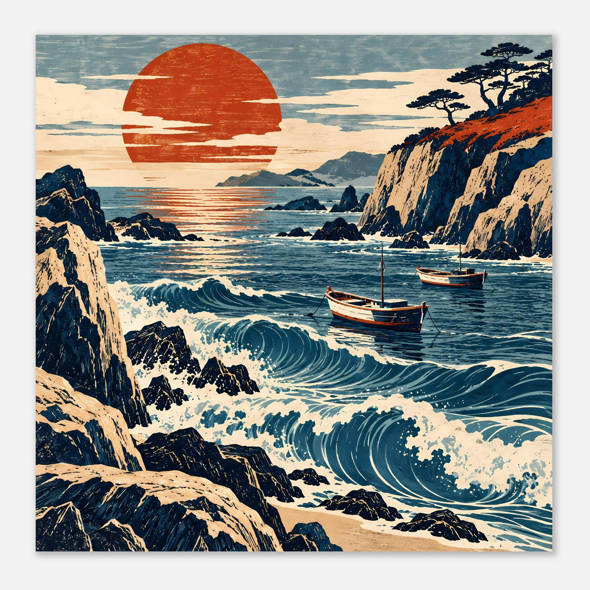 Vertikales Poster: Felsen, ruhiges Meer mit Wellenkämmen, Segelboot und roter Sonne