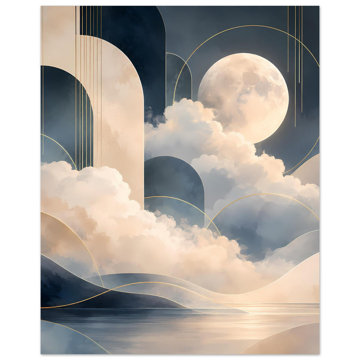 Abstraktes Mondlandschaft-Poster mit großem Mond, Wolkenlandschaft und goldfarbenen Kreisbögen.