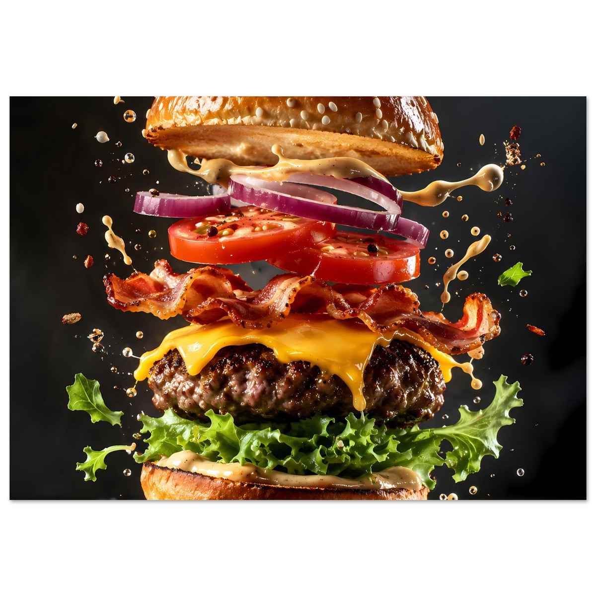 Horizontales Burger-Explosions-Poster mit Brötchen, Käse, Bacon, Tomate, Zwiebel, Salat