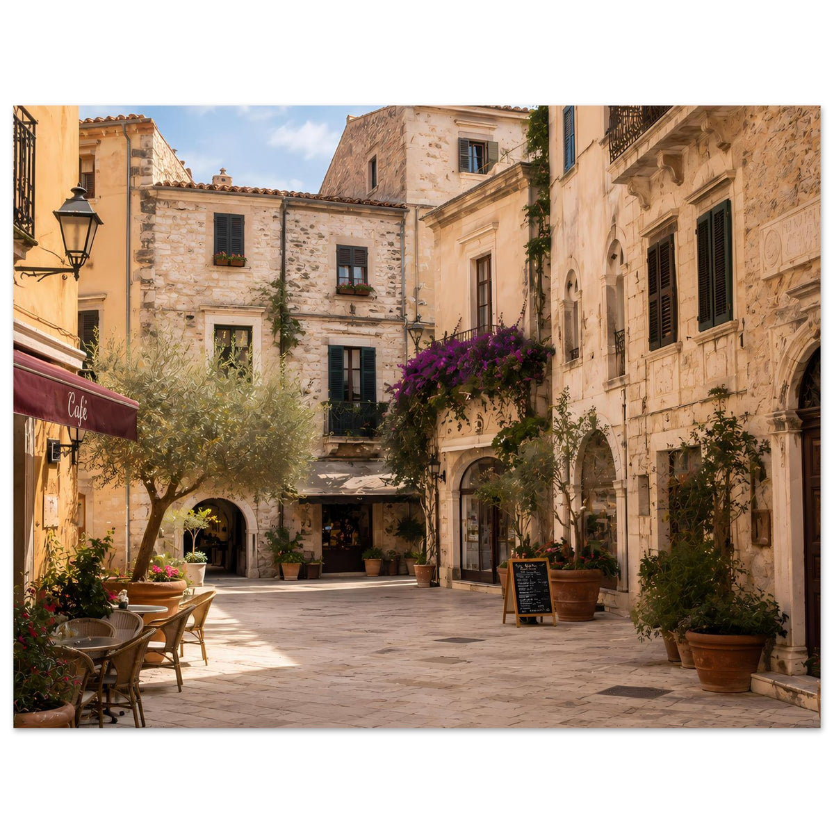 Poster mit mediterraner Altstadtgasse, Café und Blumen an Steinfassaden