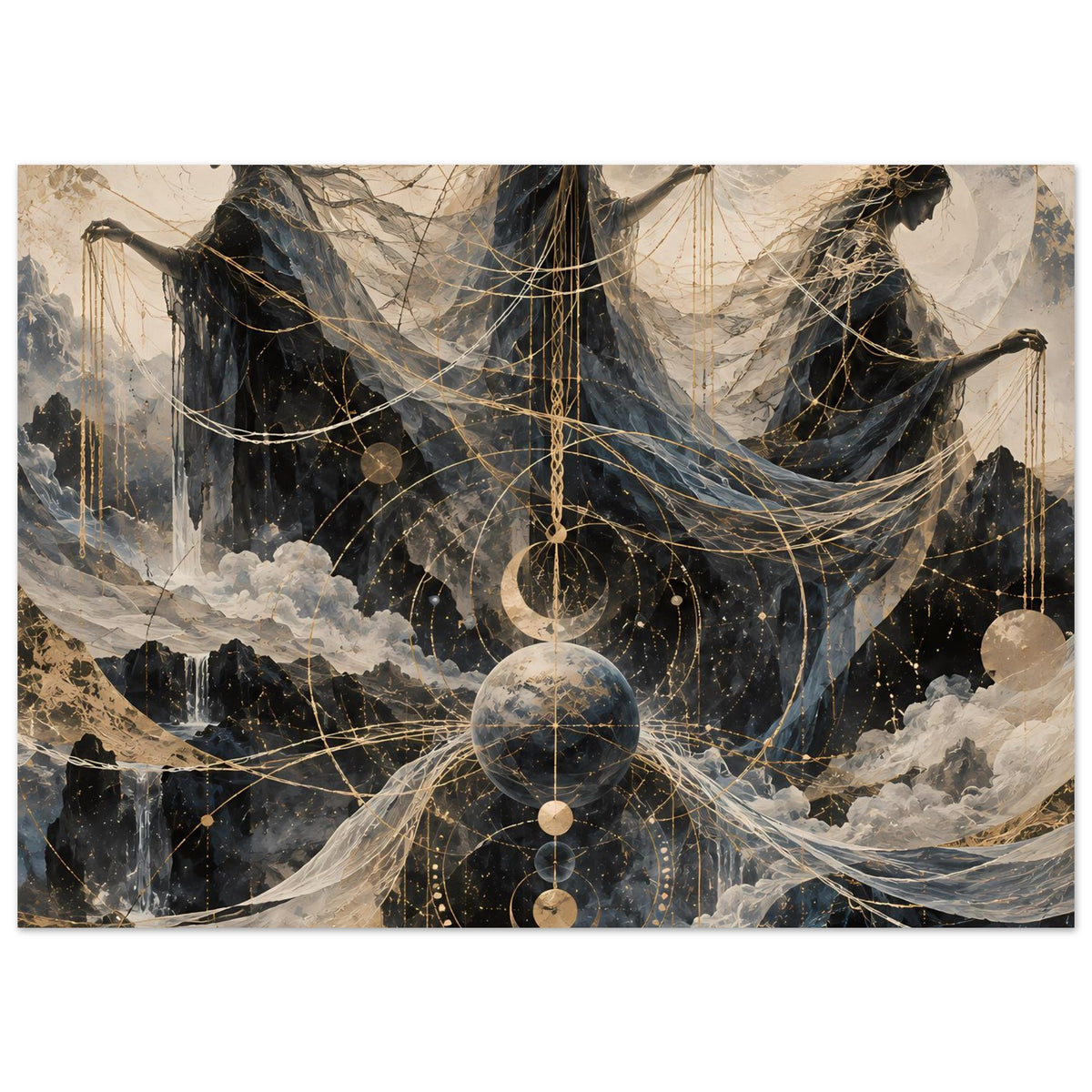 Wandposter im Querformat: drei Figuren, wehende Tücher, goldene Fäden und Monde