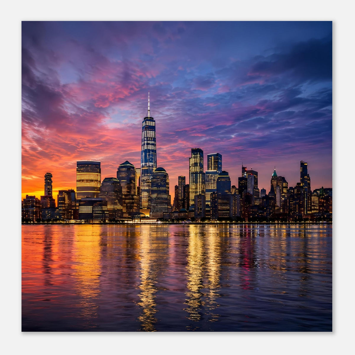Poster mit New-York-Skyline bei Dämmerung, kleinerer Print mit Türmen und Wasser