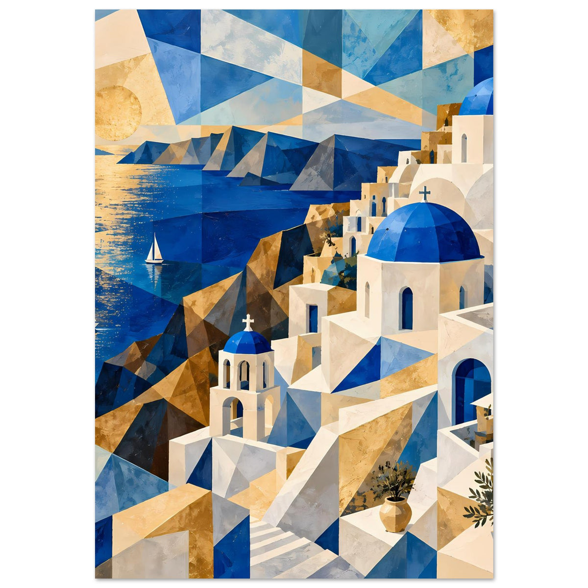 Geometrisches Poster mit blauen Kuppeln, weißen Häusern und goldenen Dreiecken
