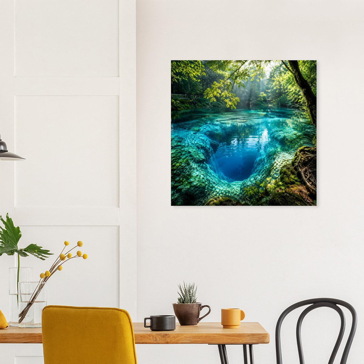 Quadratisches Poster im schwarzen Rahmen mit Waldsee, grünem Blätterdach und tiefblauem Wasser