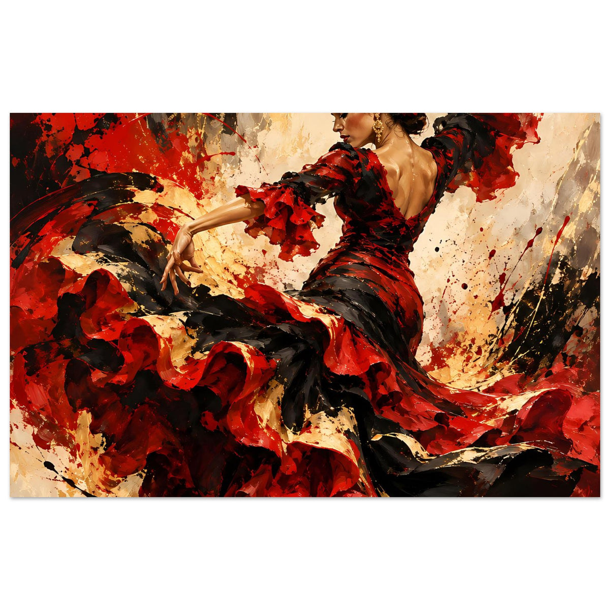 Querformat-Poster mit Flamenco-Tänzerin im roten und schwarzen Kleid, tanzender Blick zur Seite