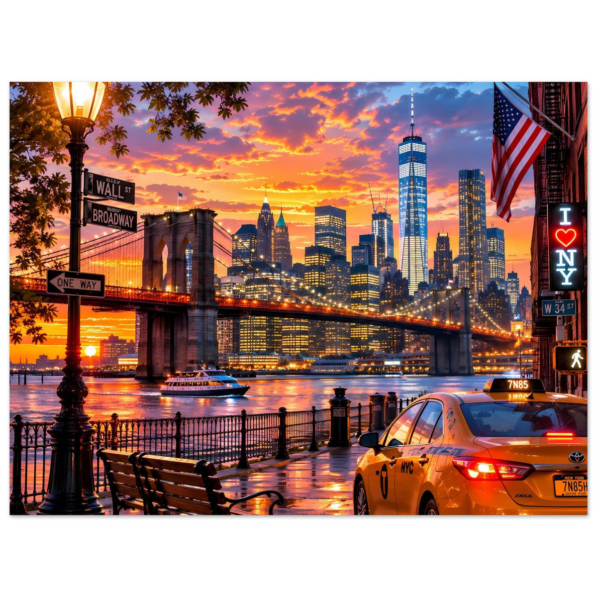 Poster mit New York City Skyline bei Sonnenuntergang, Brücke, US-Fahne und gelbes Taxi