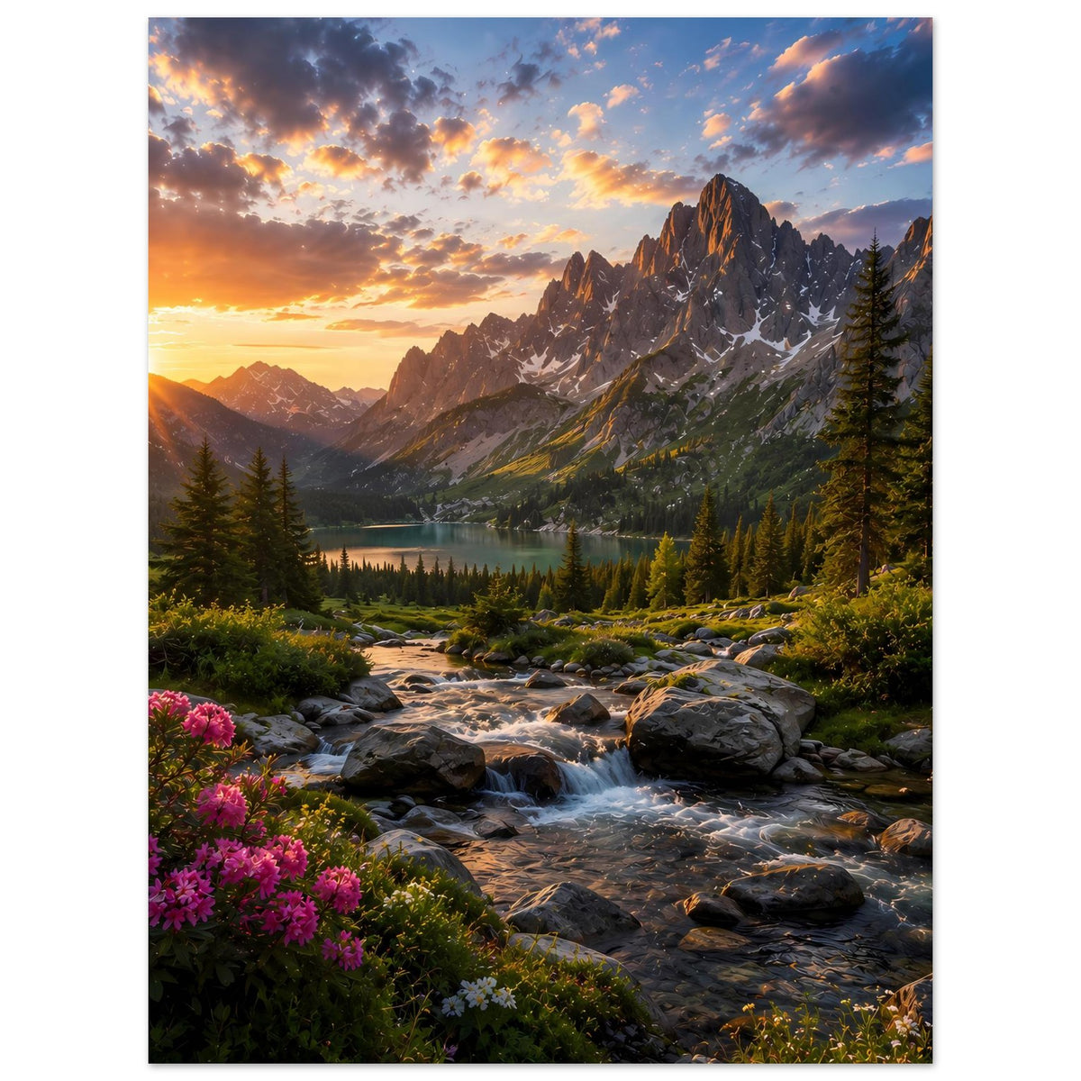 Wandposter mit Sonnenaufgang, Bergsilhouette, See, Bachlauf zwischen Felsen und Tannen.