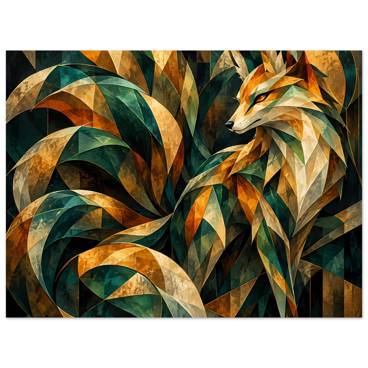 Kunstposter, horizontal: Fuchs mit dreieckigen Ornamenten in Smaragd und Gold
