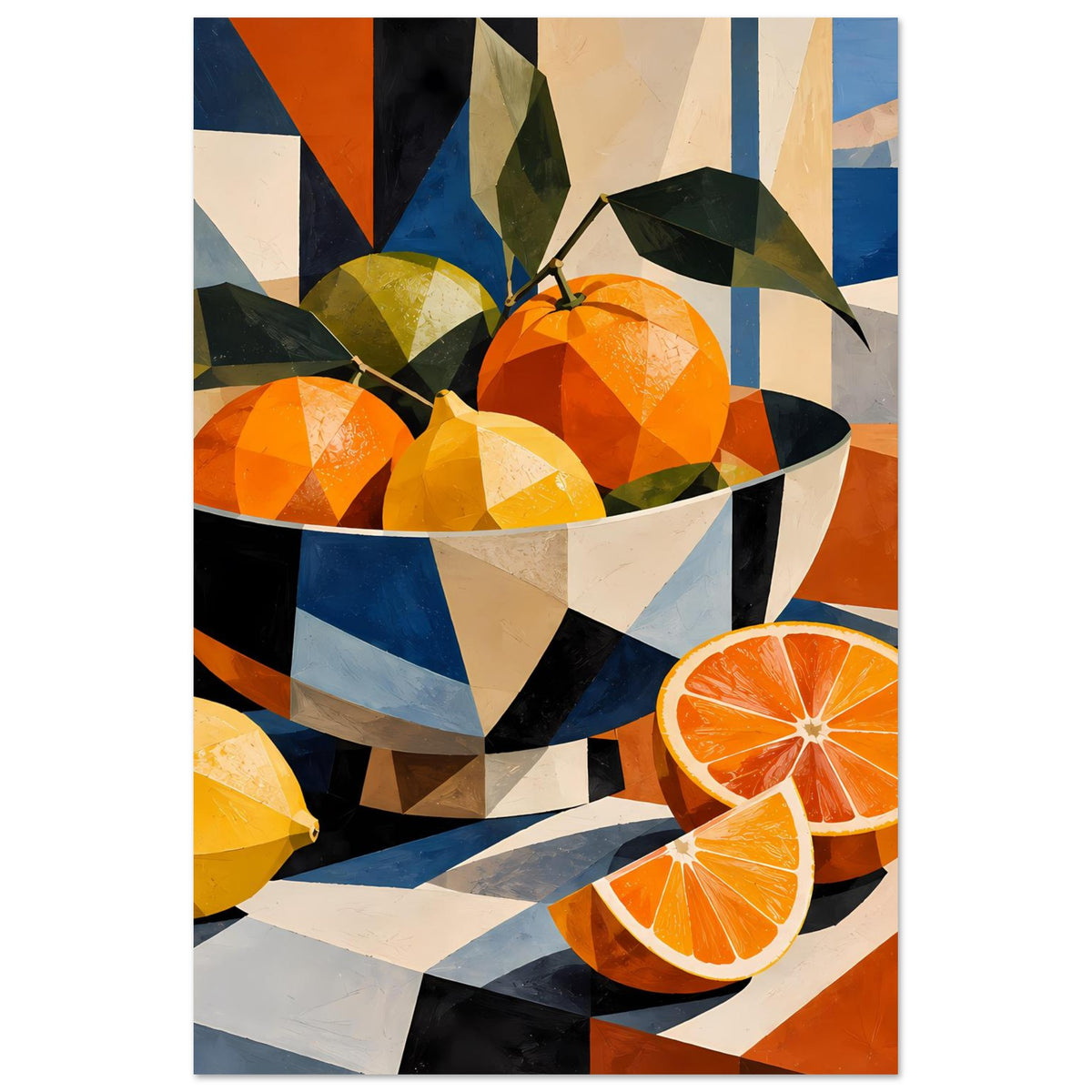 Poster im Hochformat: Schüssel mit Orangen und Zitrone, Orangenscheiben im geometrischen Look
