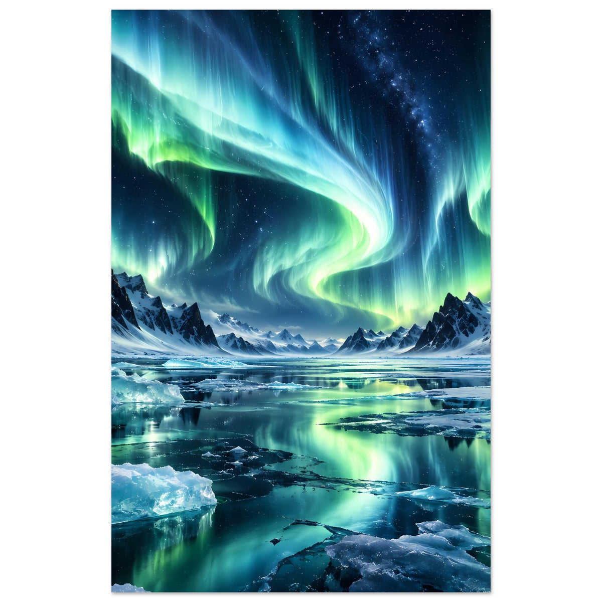 Vertikales Poster mit leuchtenden Nordlichtern über schneebedeckter Küste