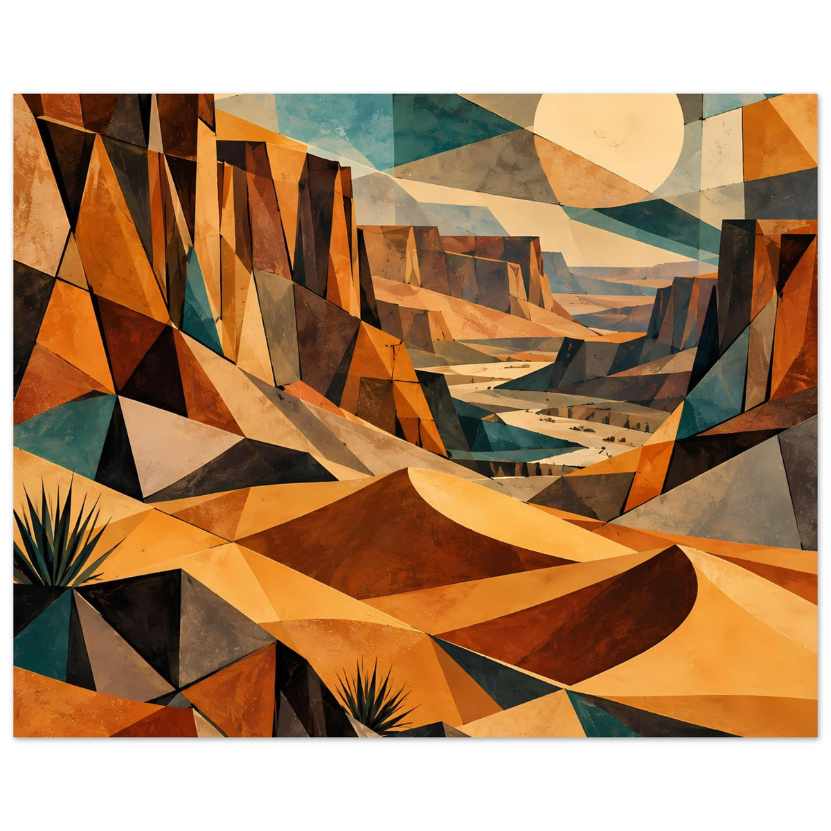 Poster mit geometrischer Wüstenlandschaft in warmen Farben: Yucca unten, Kreis am Rand