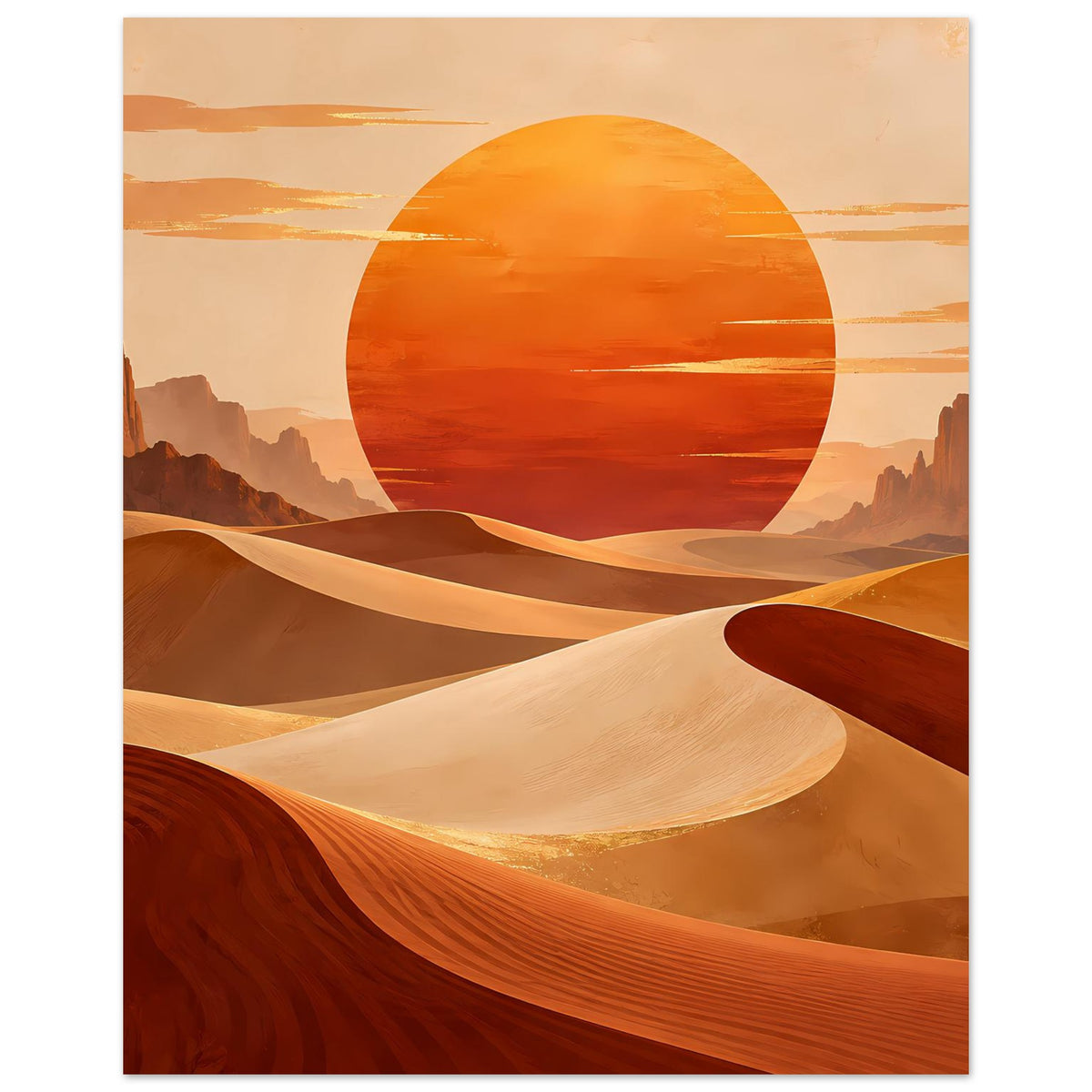 Wüstenlandschaft-Poster im Hochformat: orange Sonne im Kreis über Sanddünen und Berge