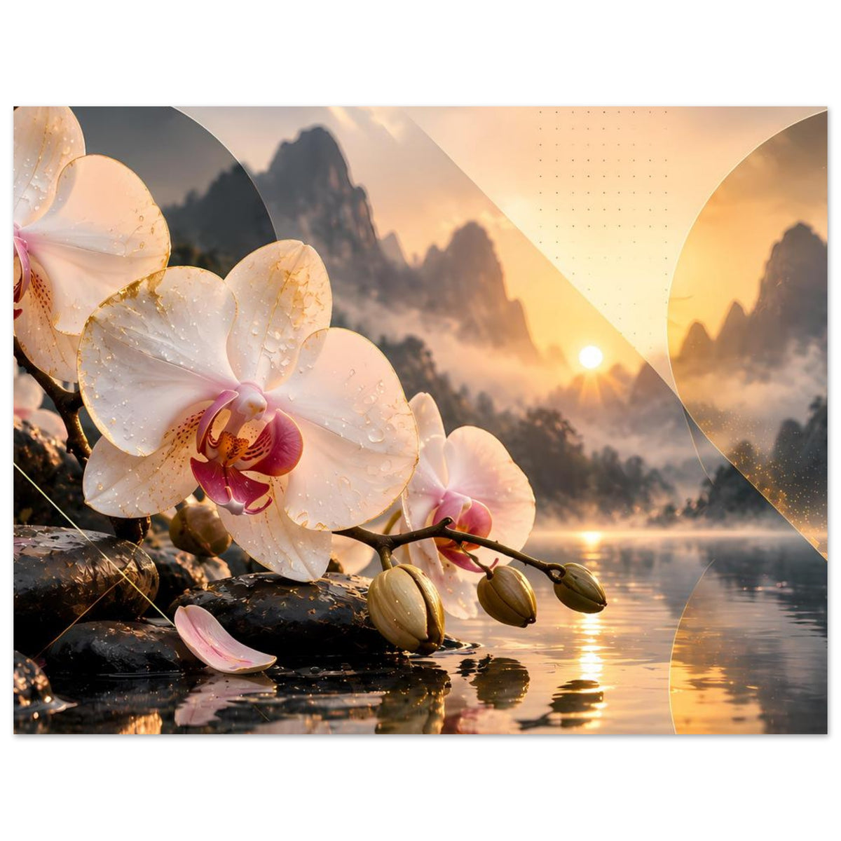 Orchideen-Wandposter mit weißen Orchideenblüten, tiefem Sonnenuntergang und See-Reflexion