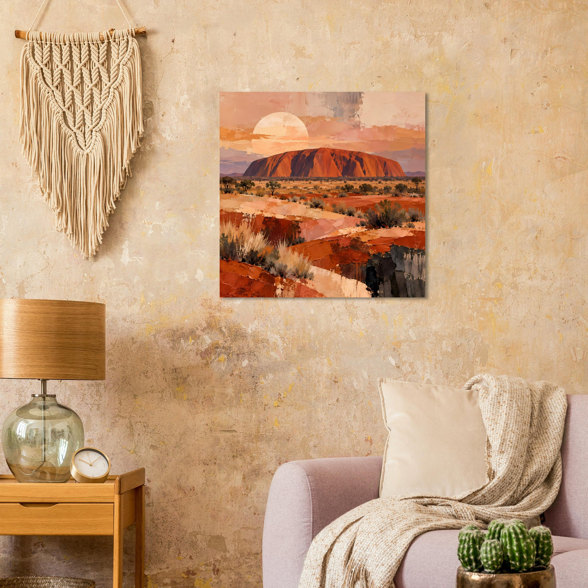 Wüstenlandschafts-Poster mit Uluru, warmen Erdtönen und Landschaft, quadratisch