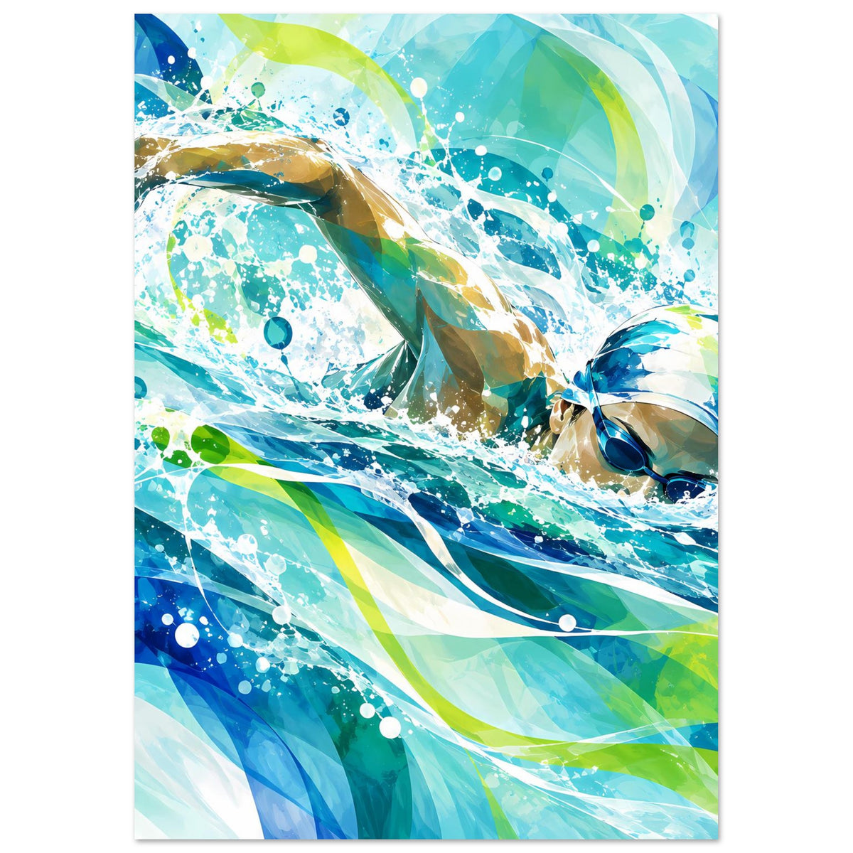 Hochformat-Poster mit Schwimmern in leuchtendem Blau und Grün, dynamische Wasserspritzer