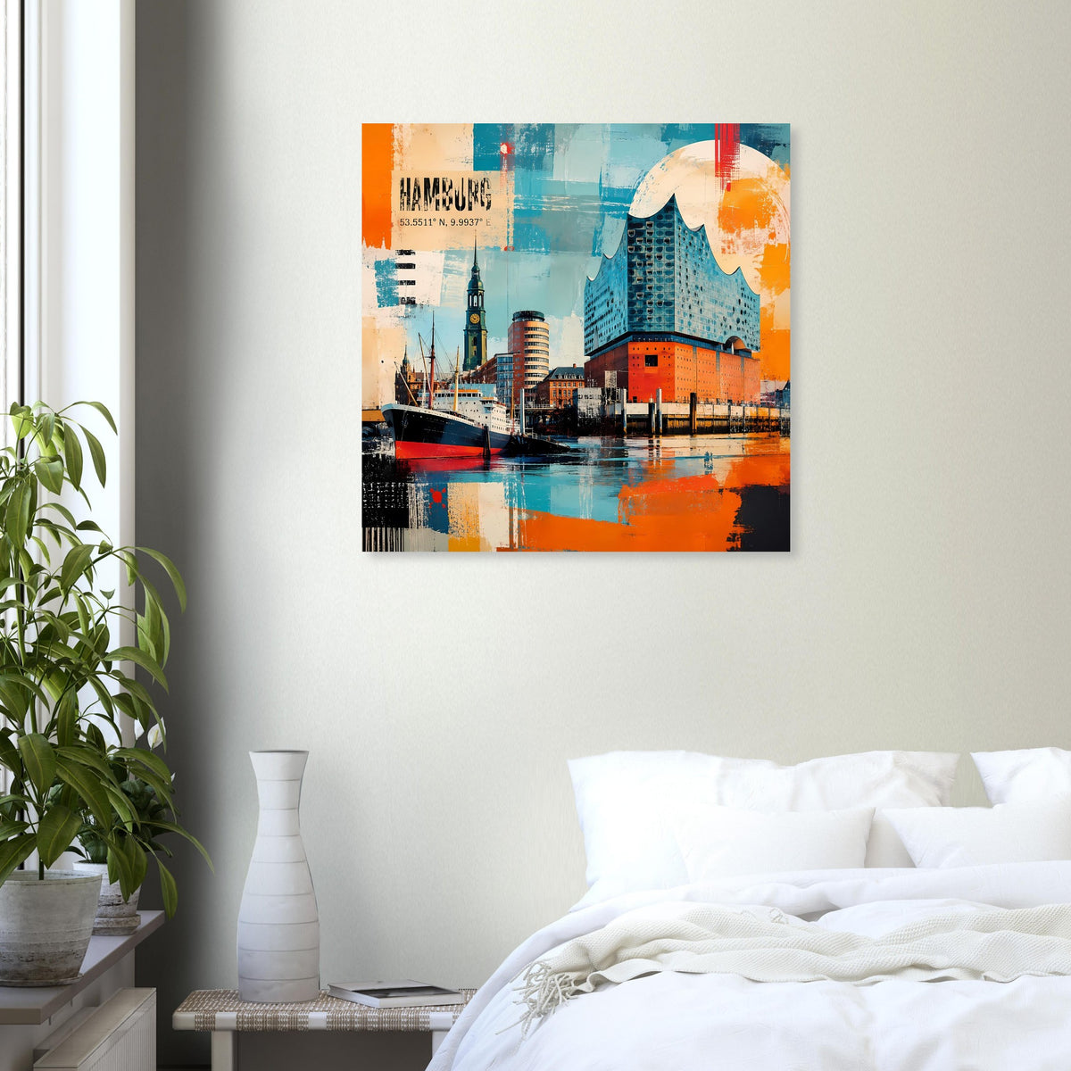 Wandposter mit Hamburger Hafen und Elbphilharmonie, türkisblau mit orangen Akzenten