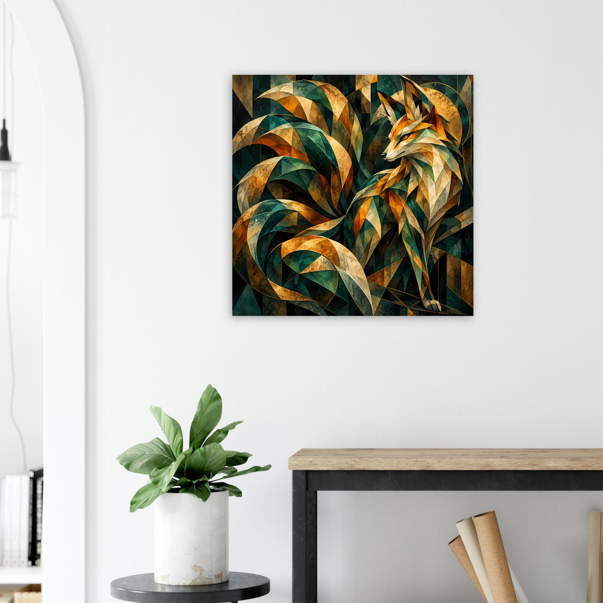 Quadratisches Kunstposter mit goldbraunem Fuchs und smaragdgrünen Prismen, abstrakte Spiralen