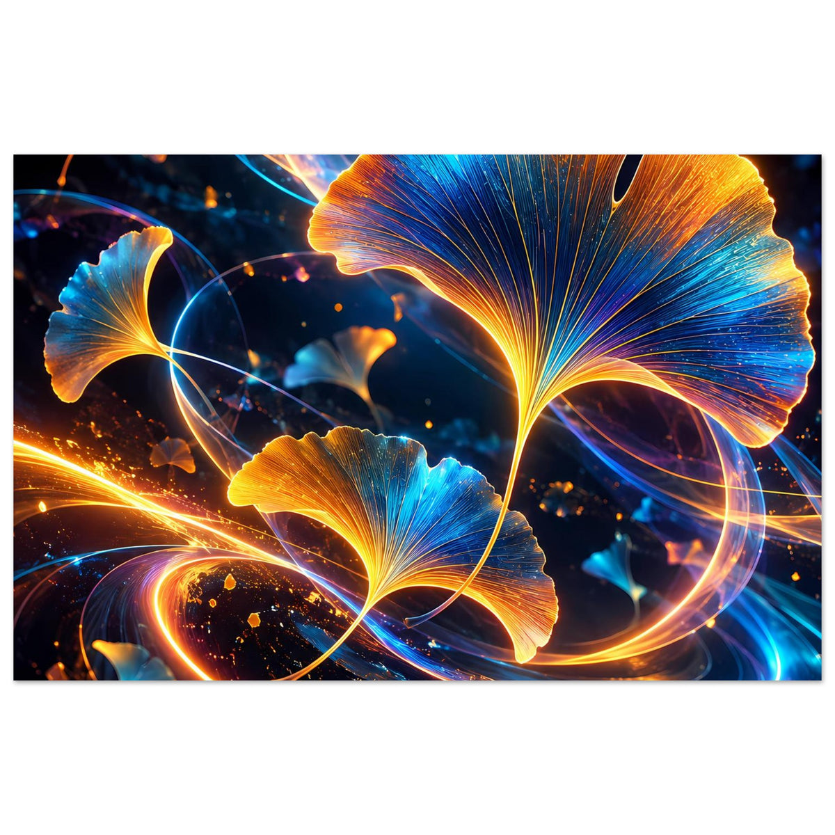 Botanisches Ginkgo-Poster mit leuchtenden Blau-und-Gold-Blättern und goldenen Lichtspuren