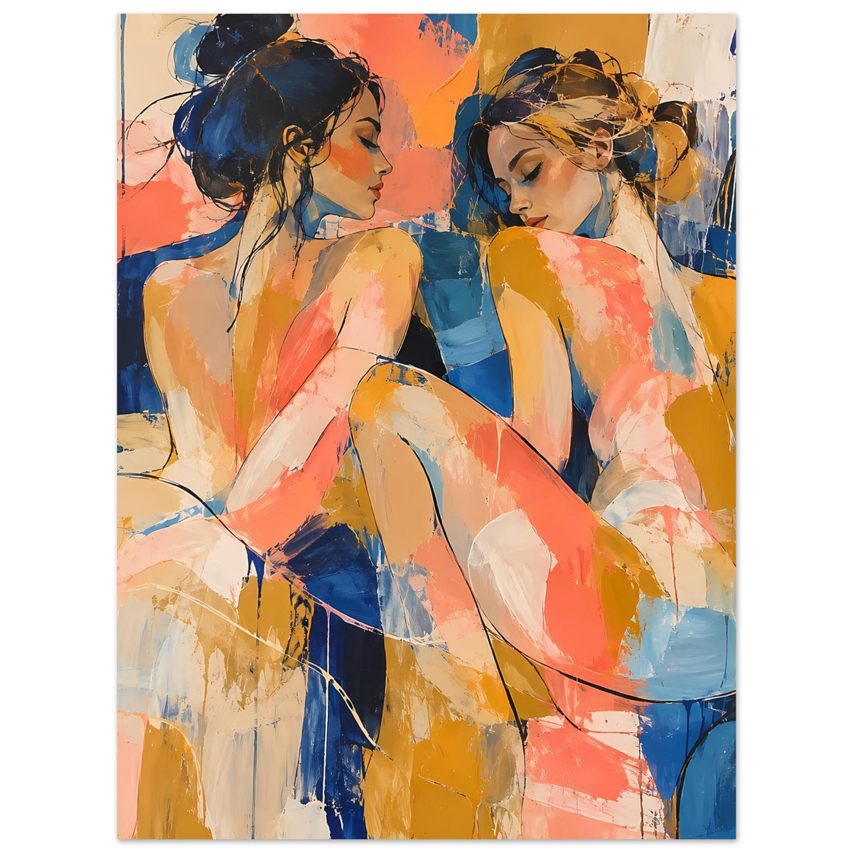 Kunstposter mit zwei sitzenden Damenfiguren, abstrakte Farben in Blau und Koralle, Hochformat