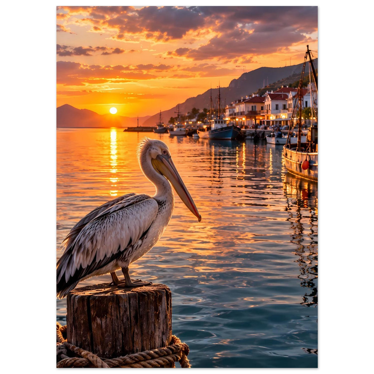 Premium-Poster: Pelikan auf Holzpfahl am Ufer, Sonnenuntergang über dem Hafen und Booten