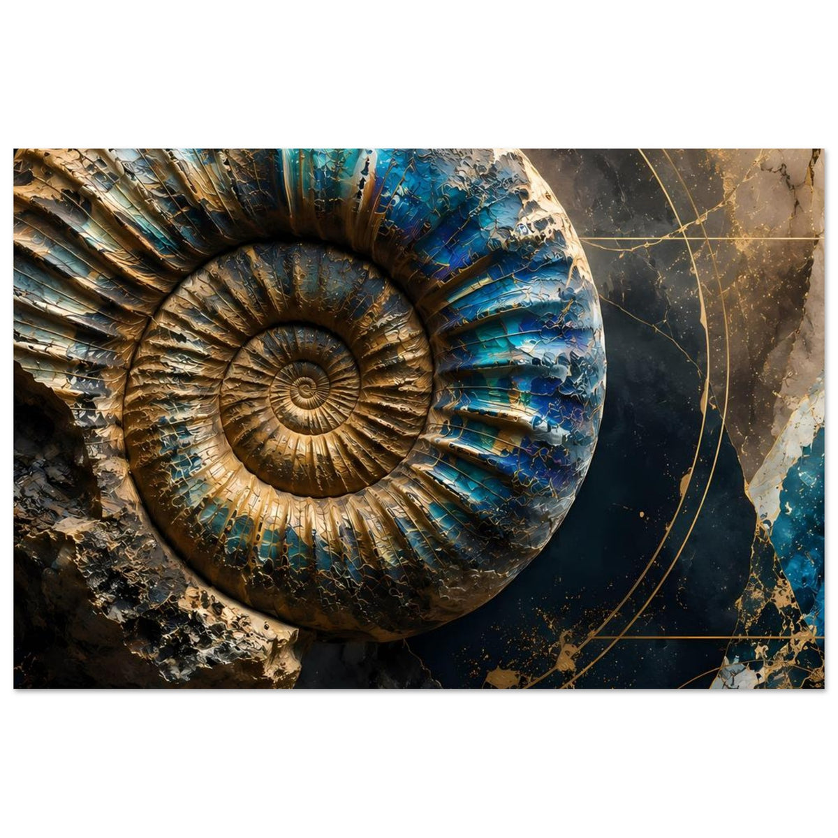 Kunstposter mit Ammonitspirale, dunklem Hintergrund, Petrolstreifen und goldenen Linien