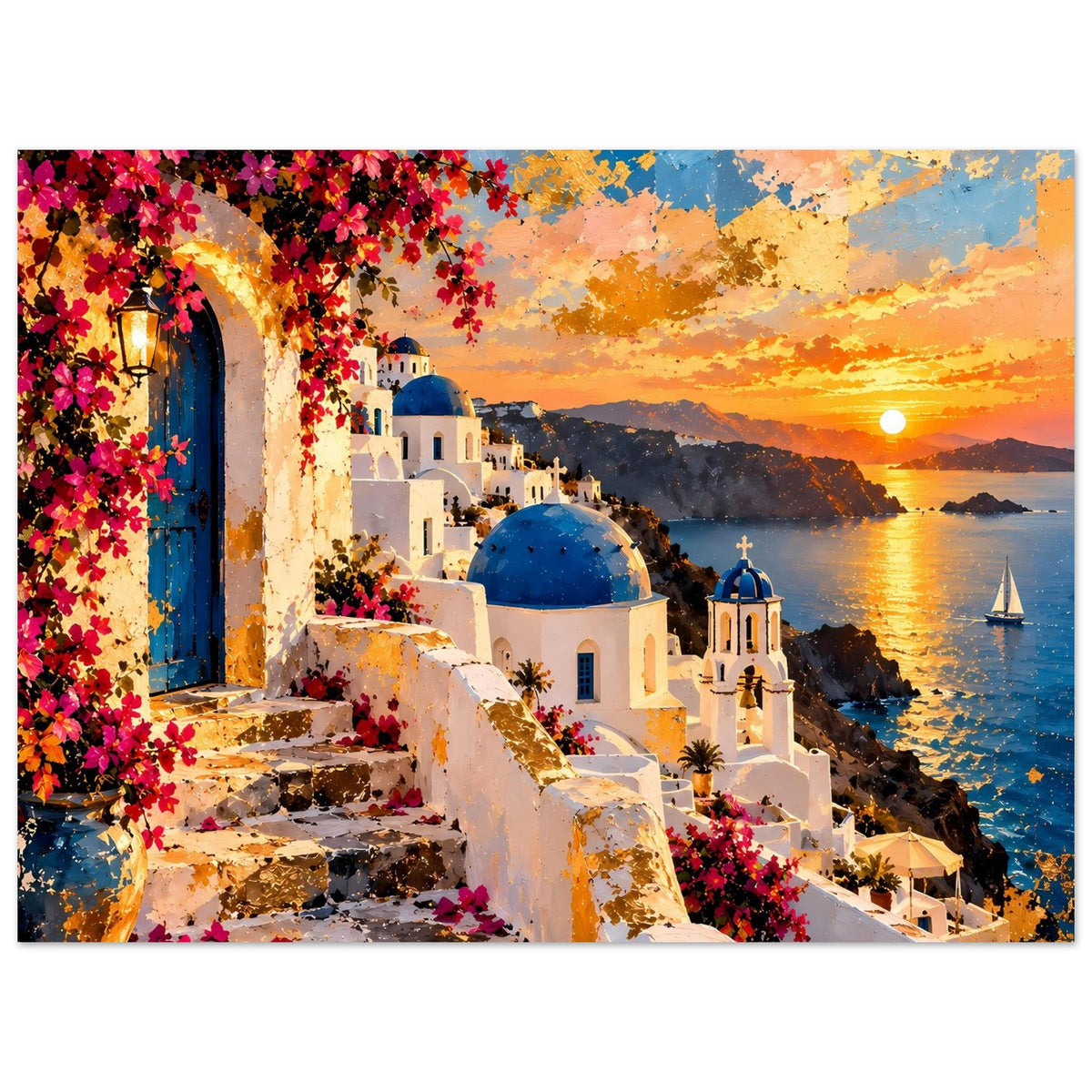 Poster mit Santorini-Architektur, Treppenweg, blauer Kuppel, Sonne am Meer bei goldenem Himmel