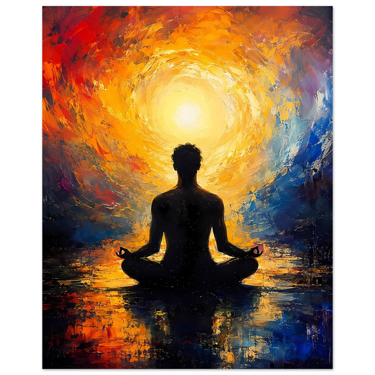 Zen-Poster im Hochformat mit Meditationssilhouette und gelb-orange leuchtender Aura über Wasseroptik